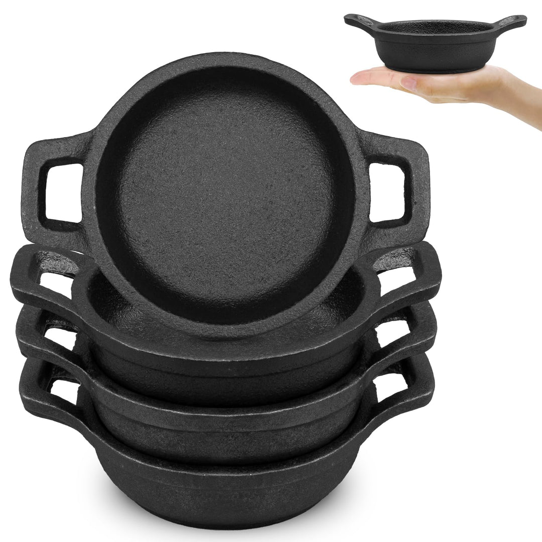 4 teilig Mini Gusseisen Grillpfännchent, Kleine Gusseisenpfanne mit Griff Ø 10cm Rund Servierpfanne,