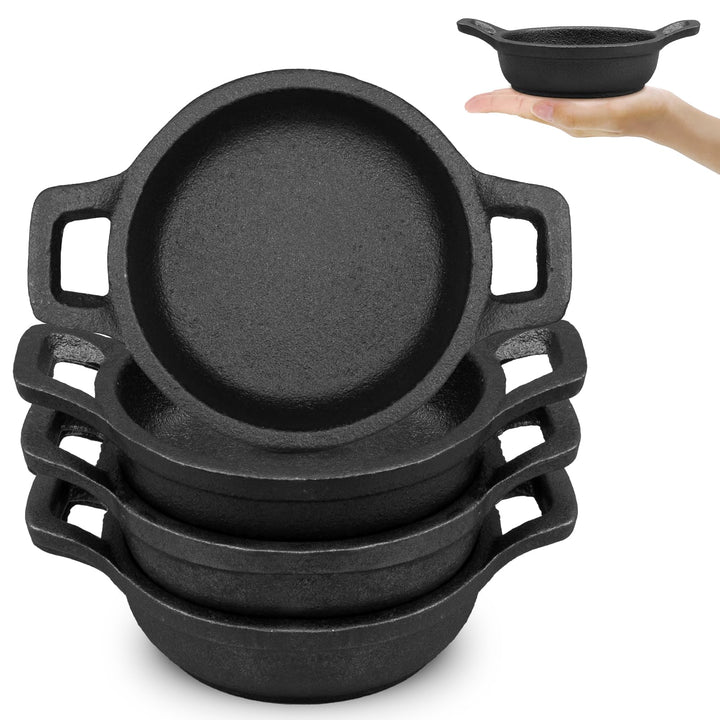 4 teilig Mini Gusseisen Grillpfännchent, Kleine Gusseisenpfanne mit Griff Ø 10cm Rund Servierpfanne,