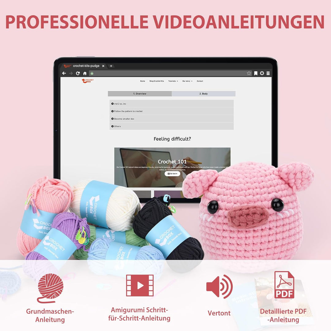 CrochetBox Komplettes Häkelset für Anfänger, Schwein Häkelset, Video-Tutorial einbeziehen, Anleitung