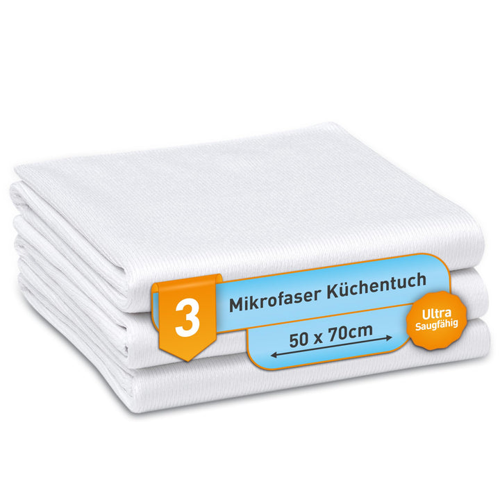 culiclean Ultra Mikrofaser Küchentuch Geschirrtuch Trockentuch 50x70 cm, weiss, 3 Stück, Profipack,