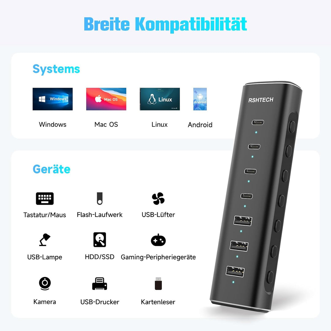 RSHTECH Alle 7 Anschlüsse sind USB-C Hub 3.2 mit Netzteil - Aktiver Verteiler 3.1 - Aktiv Schaltbaer