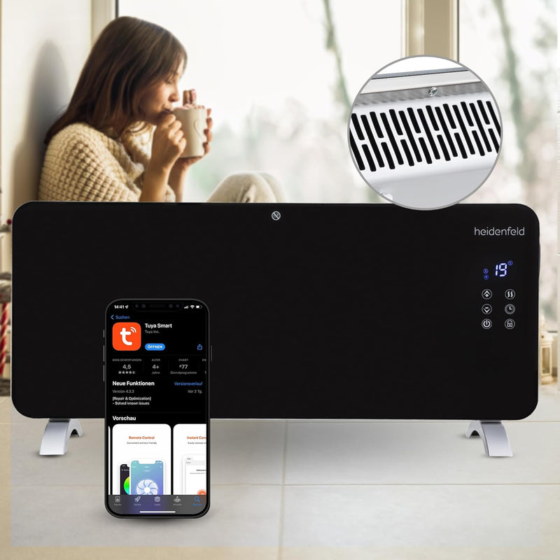 Heidenfeld Konvektor Heizung GK200 | 𝟯 𝐉𝐀𝐇𝐑𝐄 𝐆𝐀𝐑𝐀𝐍𝐓𝐈𝐄 - Glaskonvektor mit WLAN - 2000 Watt - Heizlüf
