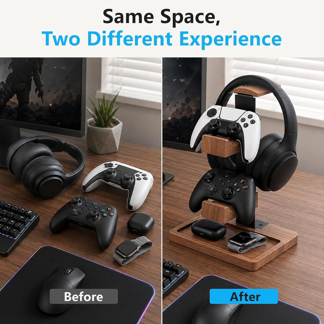 Headset Halterung aus Holz, 2-in-1-Controller-Halter und Kopfhörer-Ständer | Doppelstöckiges Aufbewa