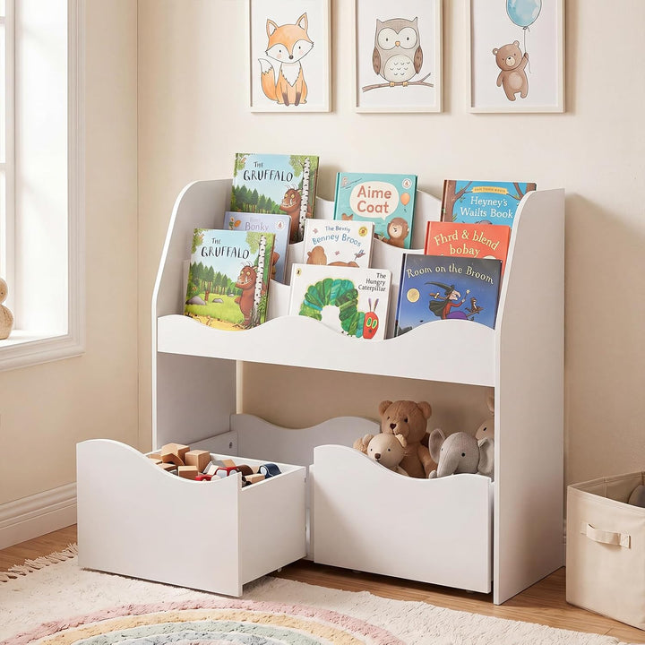 COSTWAY Kinderregal mit 2 Boxen auf Rollen (Weiss) | Bücherregal Kinder mit 3 wellenförmigen Ebenen,