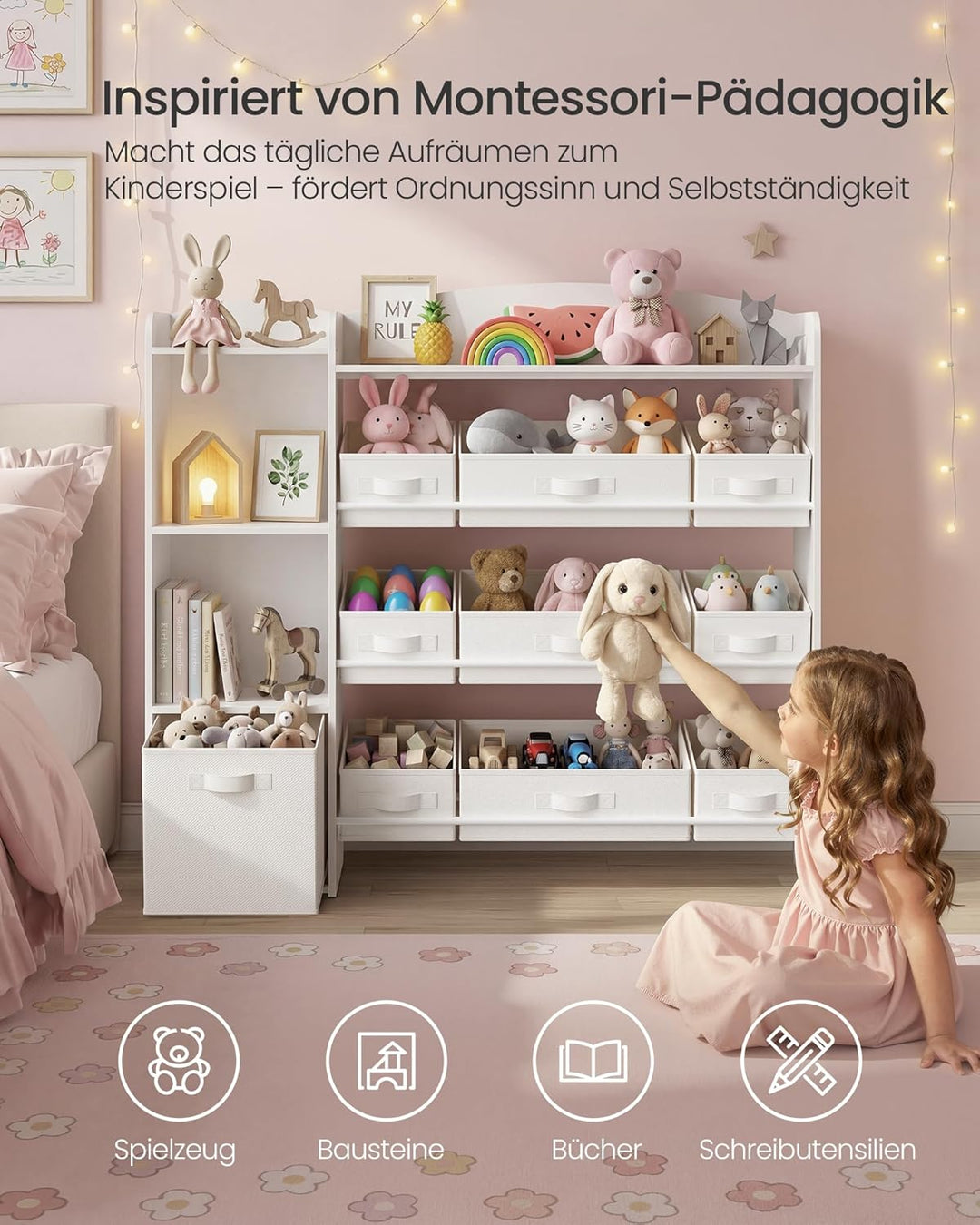 SONGMICS Kinderregal, Spielzeug Aufbewahrung, Spielzeugregal, Montessori Regal, 2 offene Fächer, 9 m