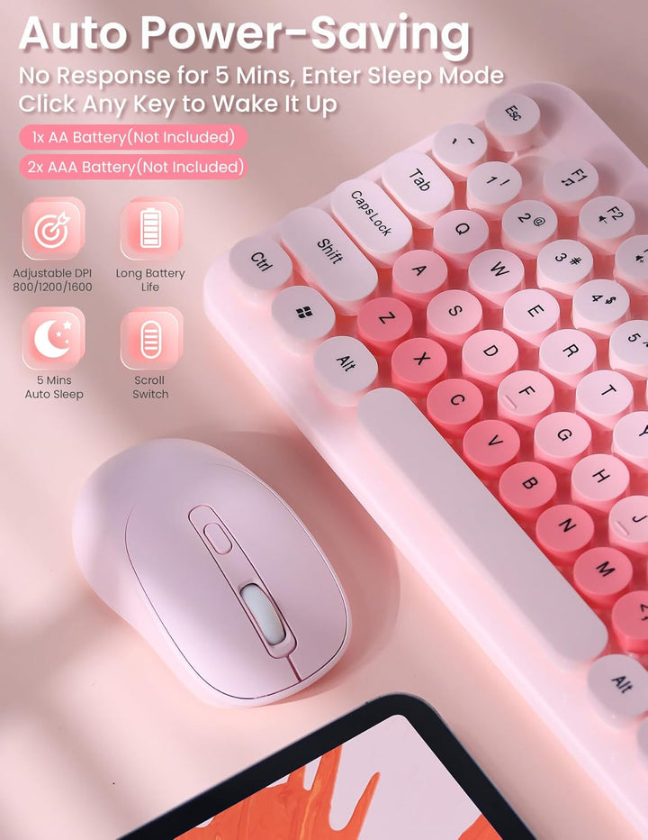 LAMA Tastatur Maus Set Kabellos, Retro runde Schreibmaschine Tastatur mit 104 Tasten &amp; Ziffernblock,