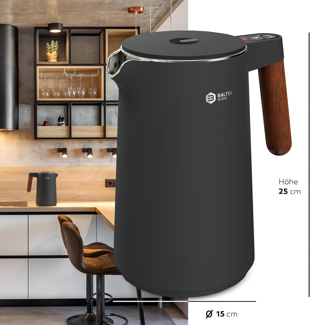 BALTER Edelstahl Wasserkocher mit Temperatureinstellung, 45°C-100°C, Doppelwand, BPA frei, leise & k