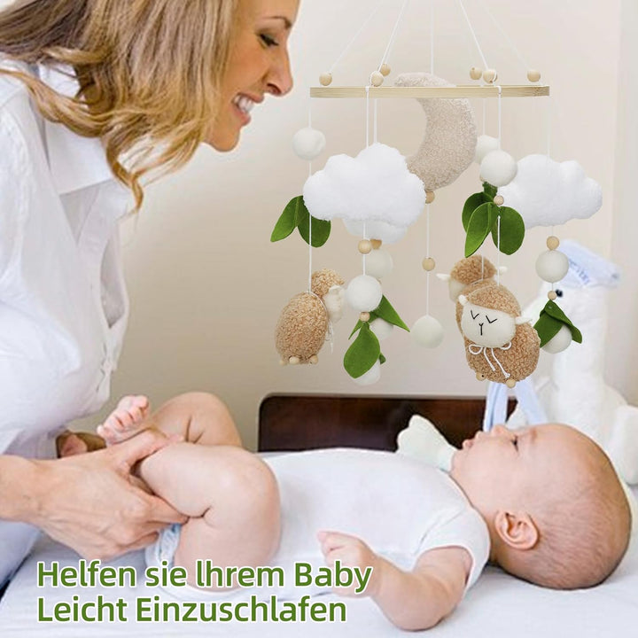 Lamm Mobile Baby Windspiele, 3D Schafe Mond Wolken Mobile Baby Holz mit Filzbällen, Bettglocke Anhän