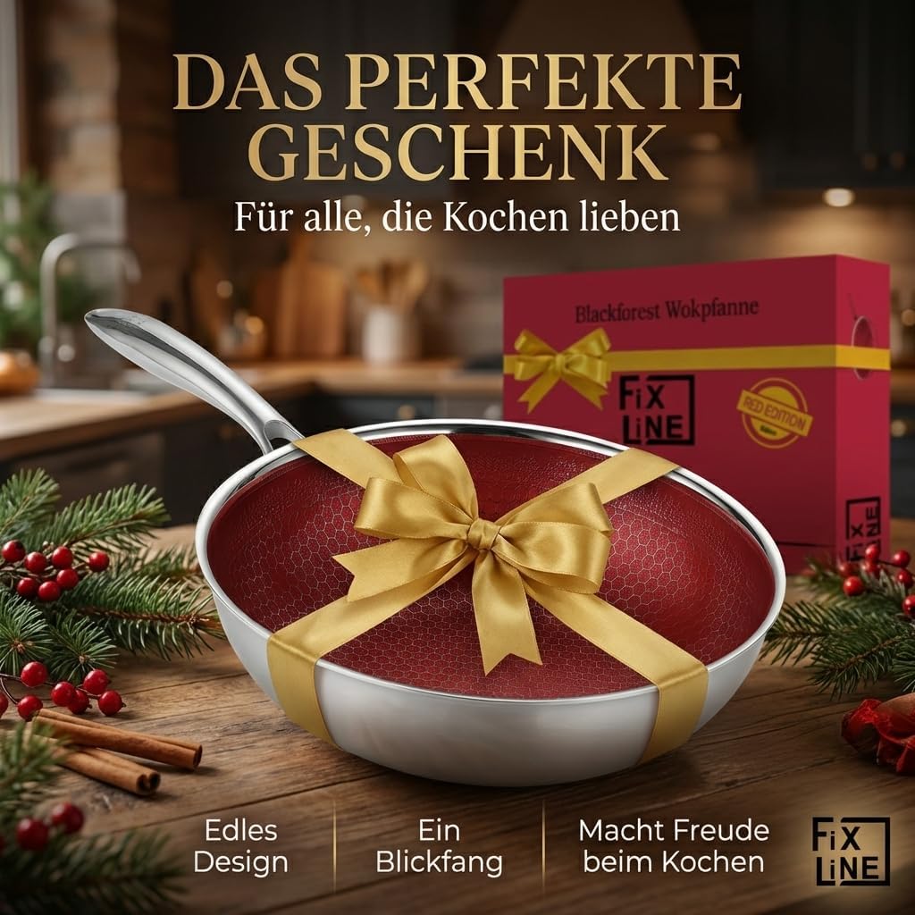 FIXLINE® Black Forest Wokpfanne 28cm - RED Edition - kratzfeste Beschichtung - alle Herdarten inkl.
