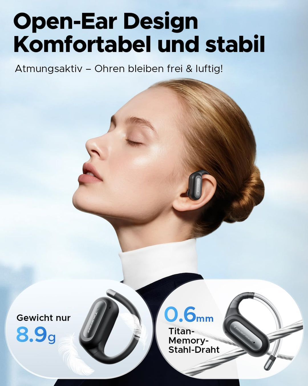 truefree EarFit DS1 Open-Ear Kopfhörer, Filigraner Ohrhaken Sport Ohrhörer, Kabellos Bluetooth 6.0 E