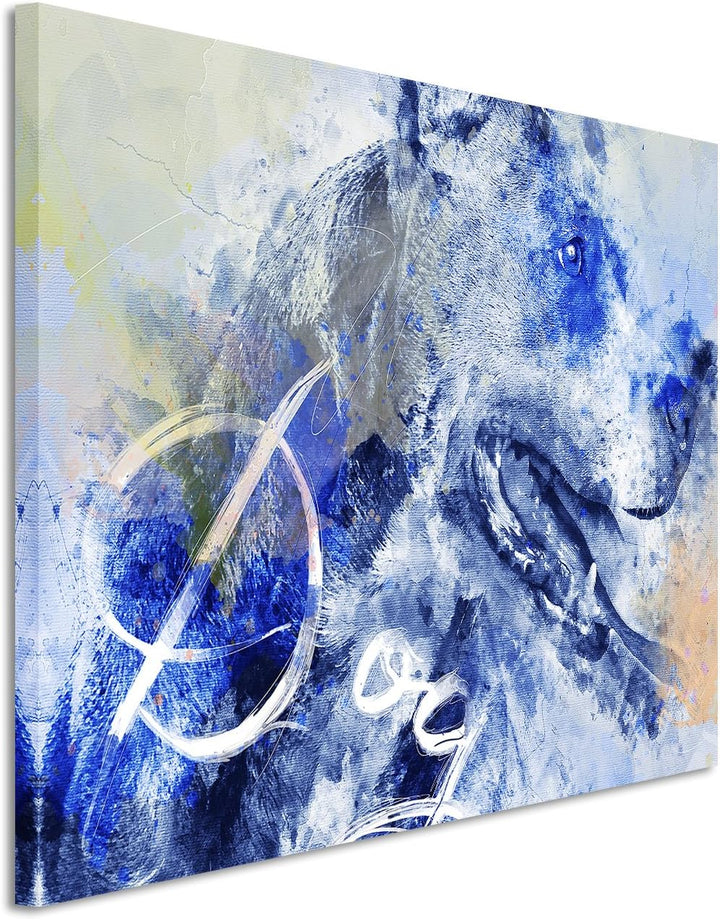 Paul Sinus Art Bild Leinwand 120x80cm Hechelnder Hund in Blautönen mit Kalligraphie, 120x80cm