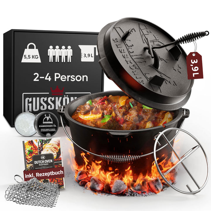 GUSSKÖNIG Dutch Oven Set [4,5L] - Eingebrannter Feuertopf mit praktischem Deckelheber und Edelstahl