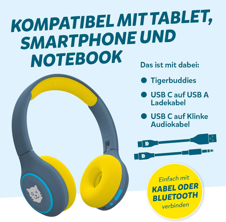 tigermedia tigerbuddies Bluetooth Kopfhörer Kinder | Faltbare Kinder Kopfhörer ab 4 Jahren | Mit Lau