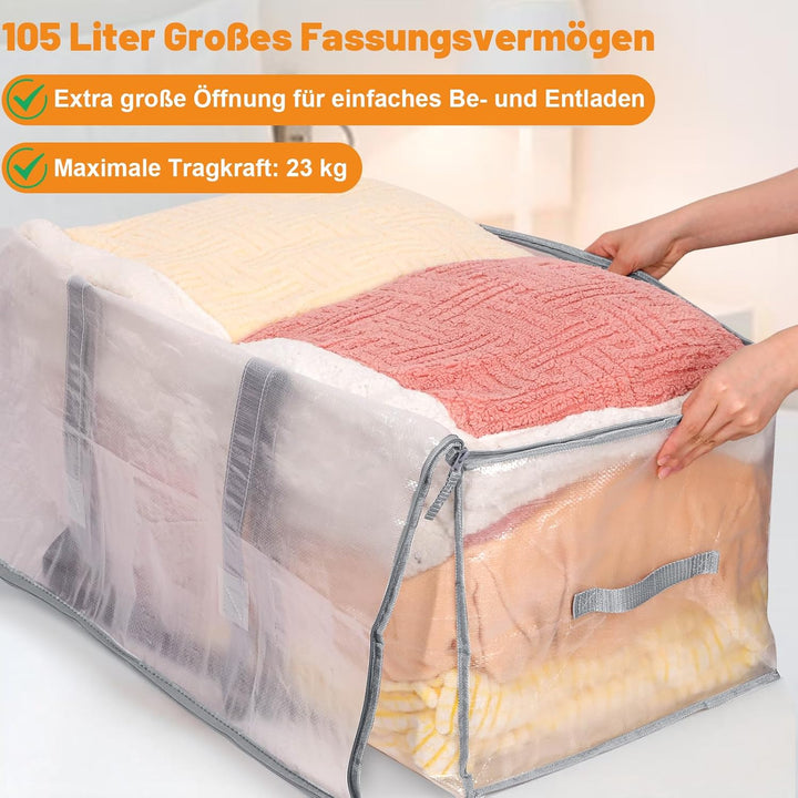 6 Stück 105L Grosse Aufbewahrungstasche mit Deckel, Faltbare Transparente Umzugskartons Gross mit Re