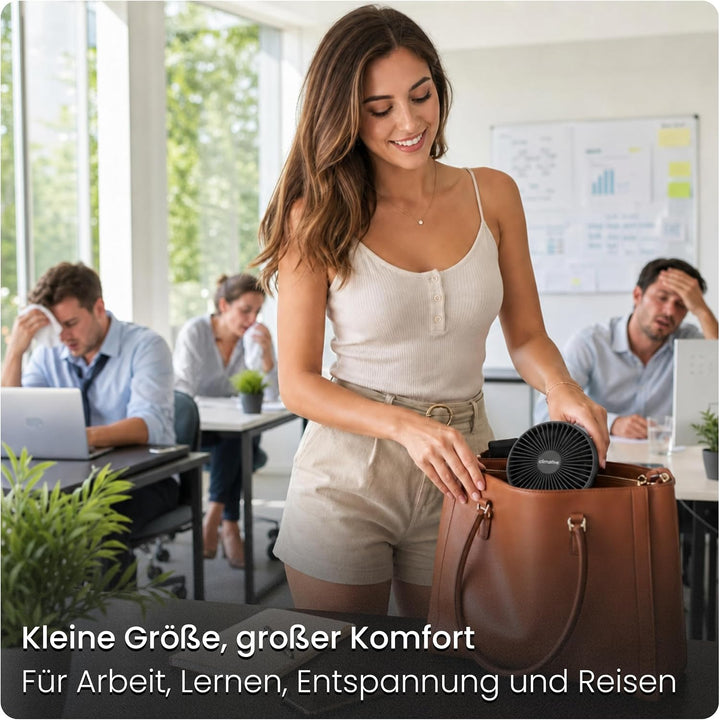 Tischventilator sehr leise - 7-Flügel USB Ventilator Akku 2000 mAh, Ø 14cm, 4 Modi, Naturwind, Bürst