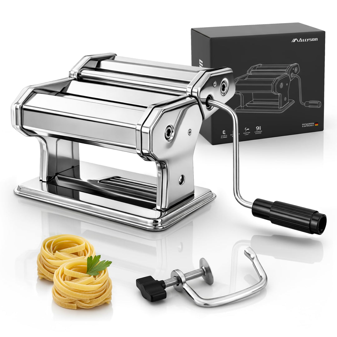 Allyson® Nudelmaschine Manuell Edelstahl – Pastamaschine mit 9 Einstellbaren Stärken &amp; Tischklemme –