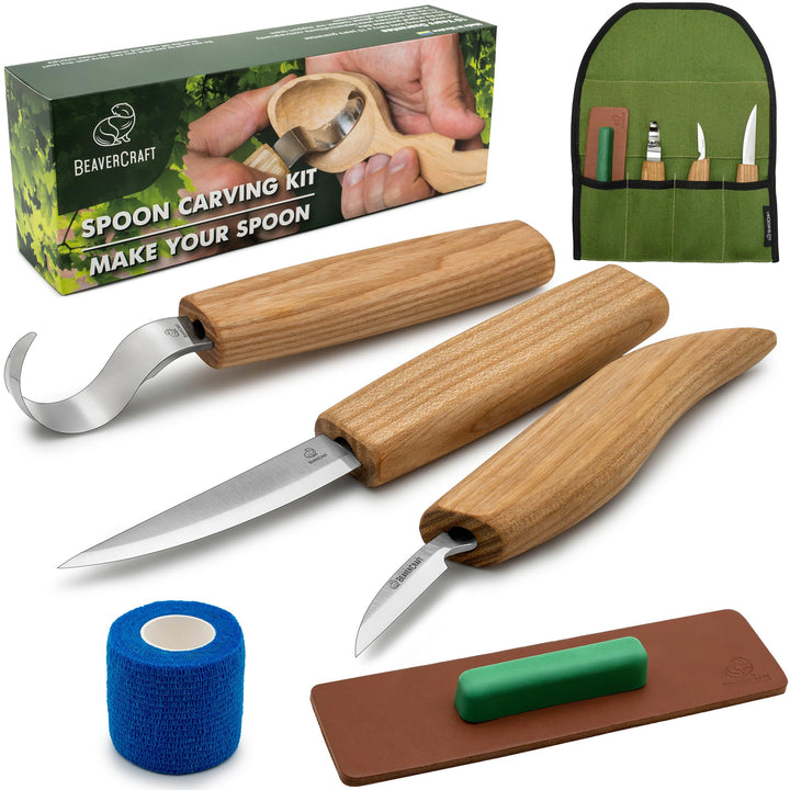 BeaverCraft S13 Holzschnitzerei Werkzeuge Set für Löffelschnitzen 3 Messer in Werkzeugsrolle Abziehr