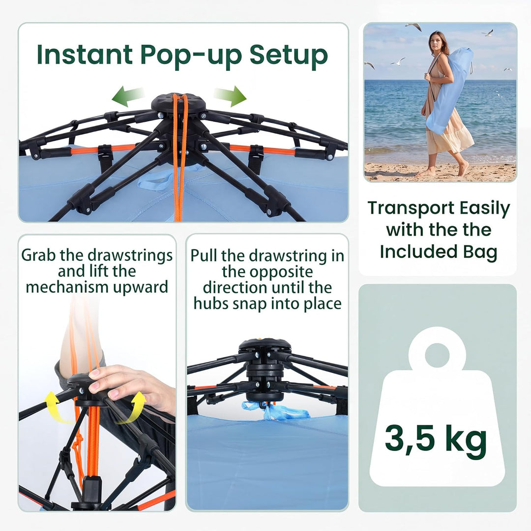 HOMASIS Pop-up Strandmuschel, wetterfestes Strandzelt für 3-4 Personen mit erweiterbarem Boden, Mesh