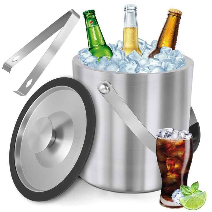 Eiswürfelbehälter,2L Edelstahl Eisbehälter mit luftdichtem Deckel,Sieb und Eiszange,Doppelwandiger-D