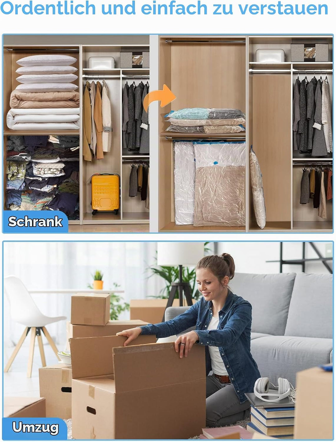 HEETA 6 Stück Vakuumbeutel für Kleidung(3 Jumbo+3 Gross) Vakuum Wiederverwendbar Kleiderbeutel mit A