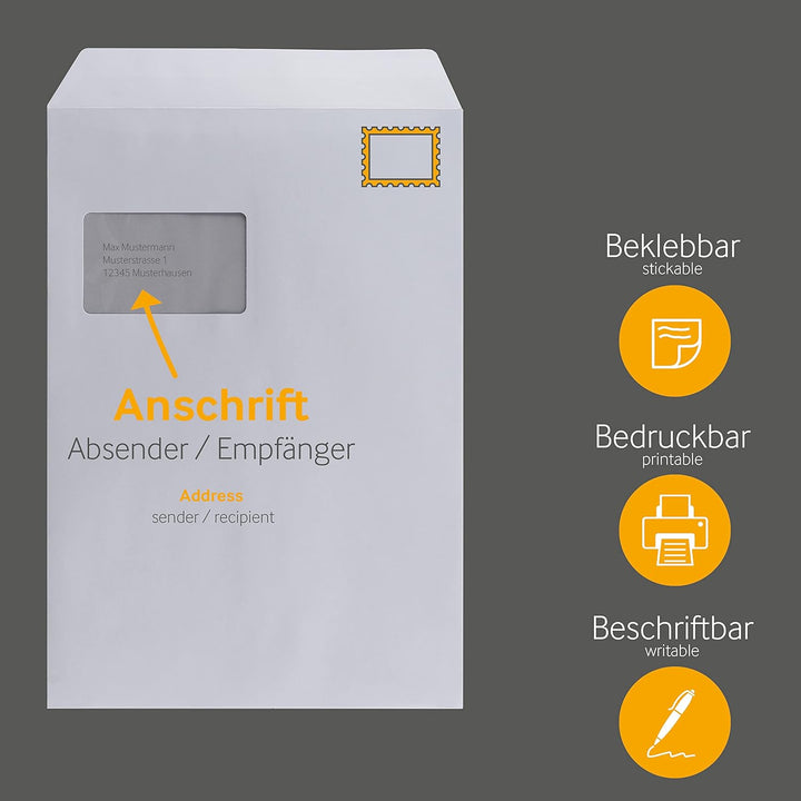 Blanke Briefhüllen, Versandtaschen, 250 Stück, Haftklebung, Mit Fenster, Gerade Klappe, DIN C4,120 g