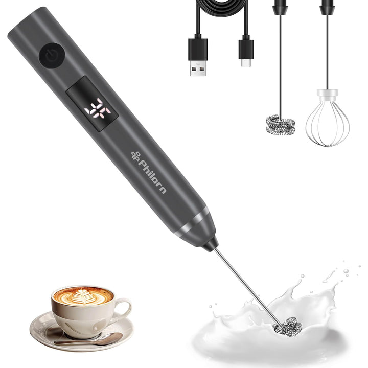 Philorn Elektrischer Milchaufschäumer Stab USB-C aufladbar mit LCD-Batterieanzeige -2 Aufsätzen, 3 S