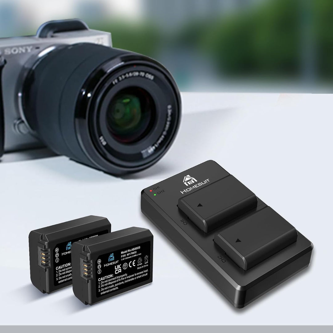 Homesuit NP-FW50 Akku und USB Dual Ladegerät Kit für Sony ZV-E10, A6000-Akkus, A6500, A6300, A7II, A