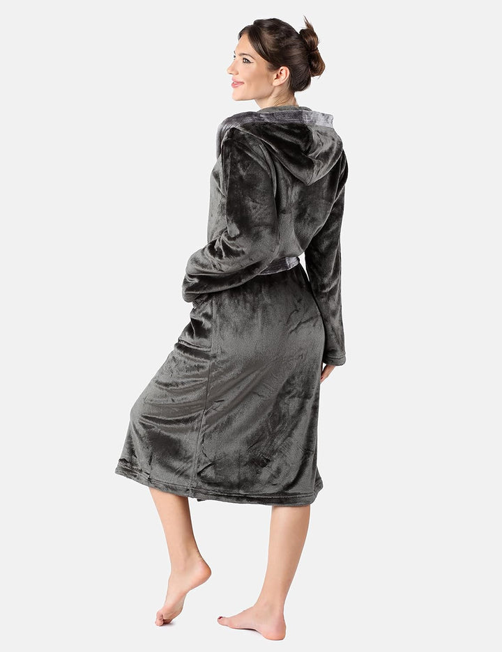 Bellivalini Damen Bademantel lang mit Kapuze und Gürtel BLV50-168 M Graphit/Grau, M Graphit/Grau