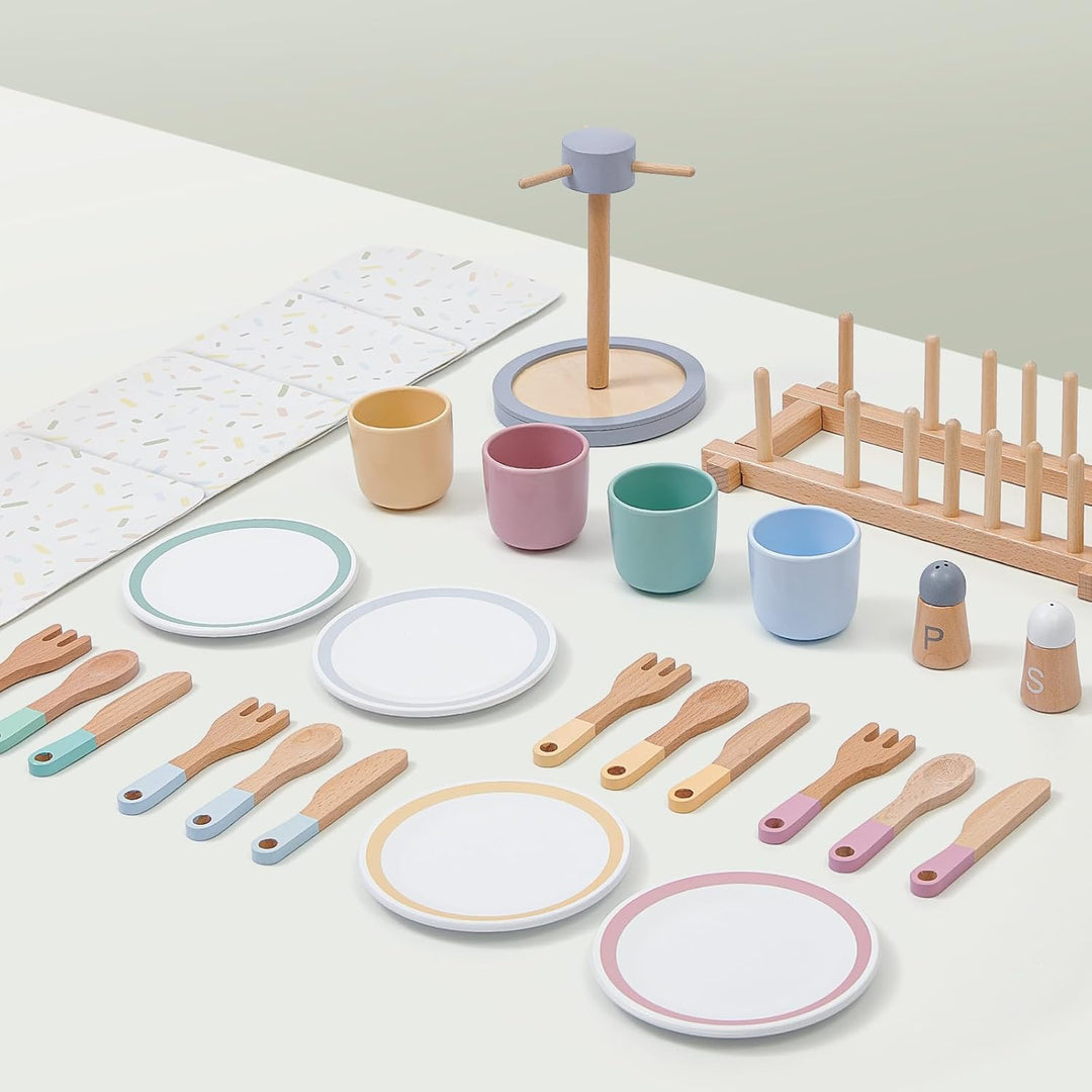 Atoylink Kinderküche Zubehör Holz, 33 Pcs Geschirrset mit Tassen Teller, Spielküche Zubehör Geschirr