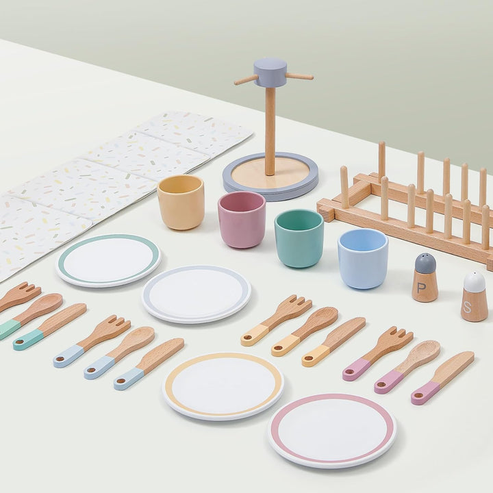 Atoylink Kinderküche Zubehör Holz, 33 Pcs Geschirrset mit Tassen Teller, Spielküche Zubehör Geschirr