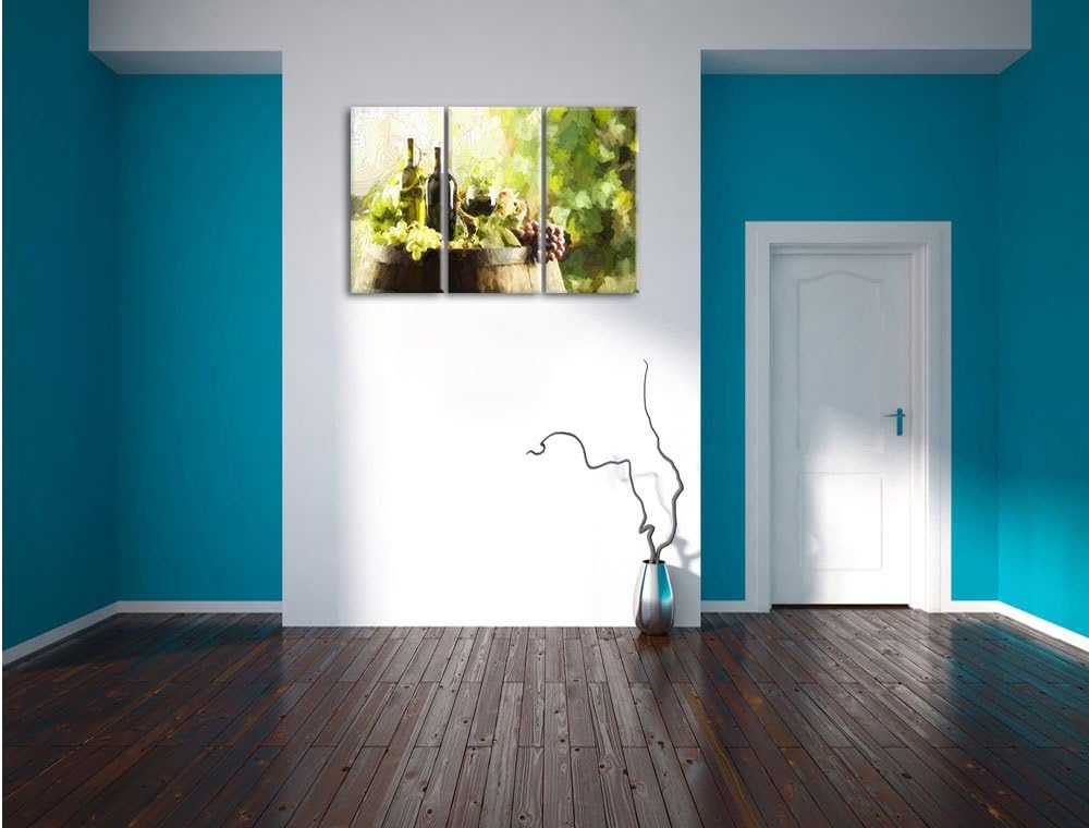 Pixxprint Wein mit Weintrauben auf Fass / 3-Teilig/Gesamtmass 120cm Leinwandbild bespannt auf Holzra