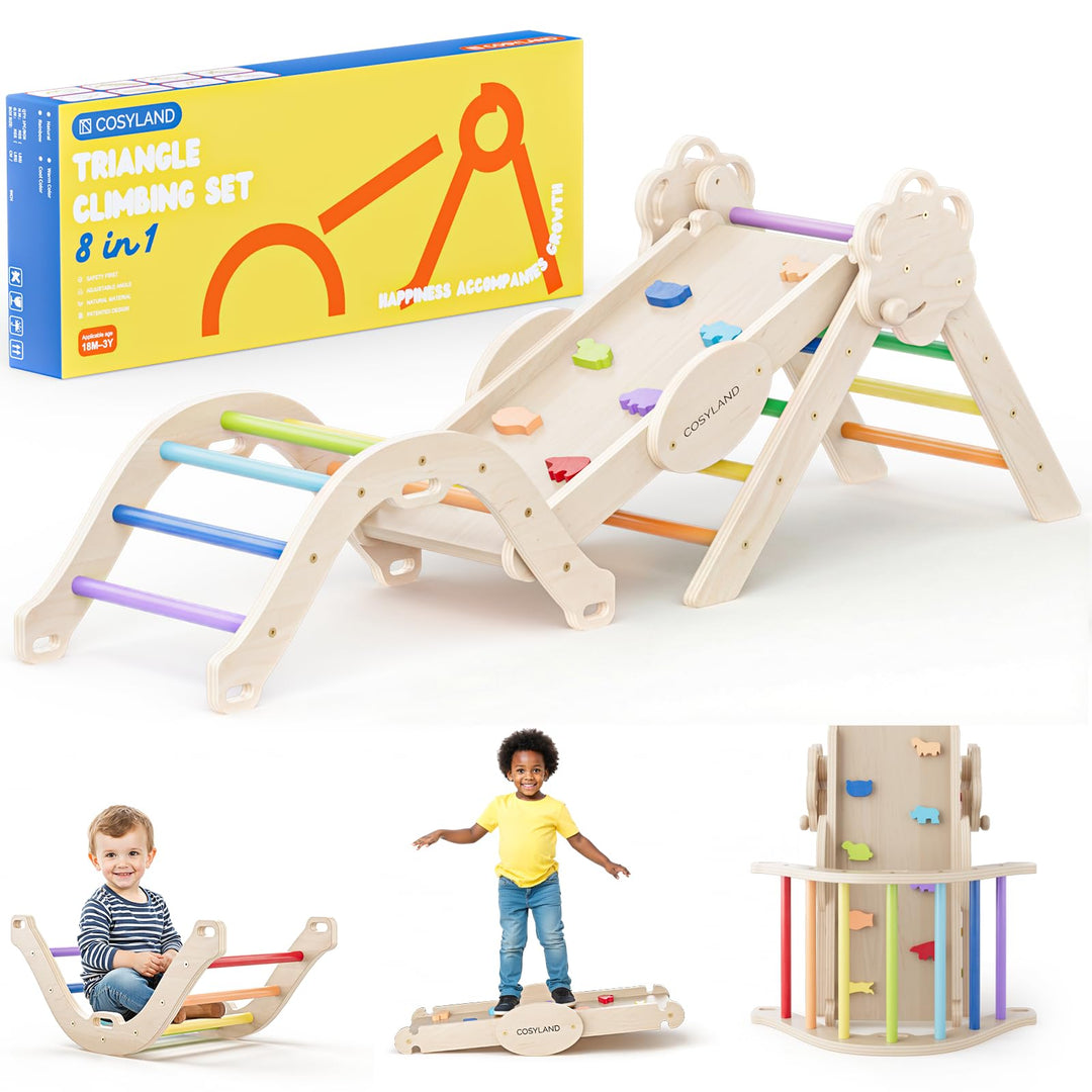 COSYLAND 8-in-1 Montessori Klettergerüst Indoor ab 1 Jahr – Kletterdreieck mit Rutsche, Kletterbogen