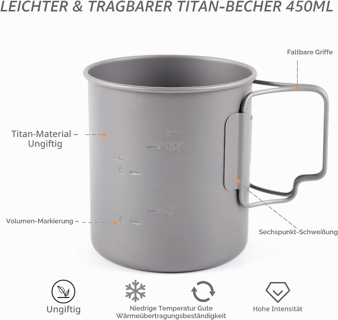 TOAKS 450 ml Titanbecher für Rucksackreisen, Camping, Kaffeekanne, ultraleichtes Campinggeschirr 450