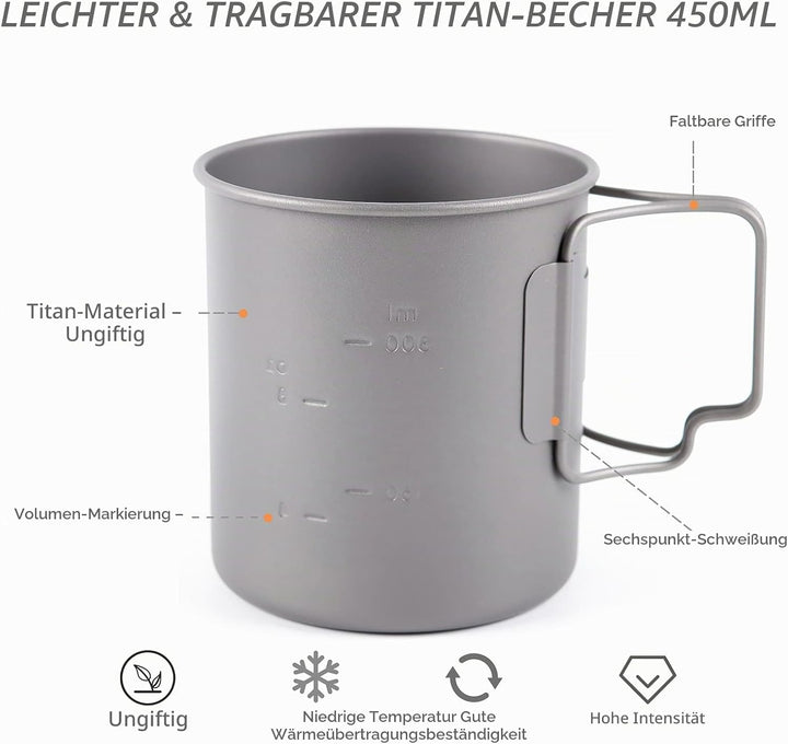 TOAKS 450 ml Titanbecher für Rucksackreisen, Camping, Kaffeekanne, ultraleichtes Campinggeschirr 450