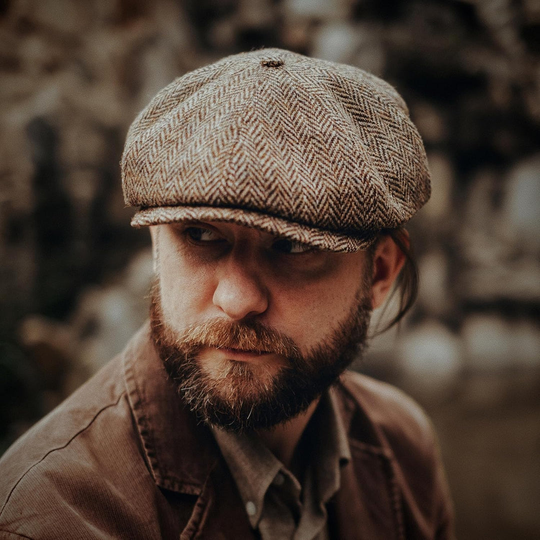 Sterkowski Shelby Mütze | Tweed Schiebermütze für Herren | Warm Elegant 100% Wolle Zeitungsjunge Kap