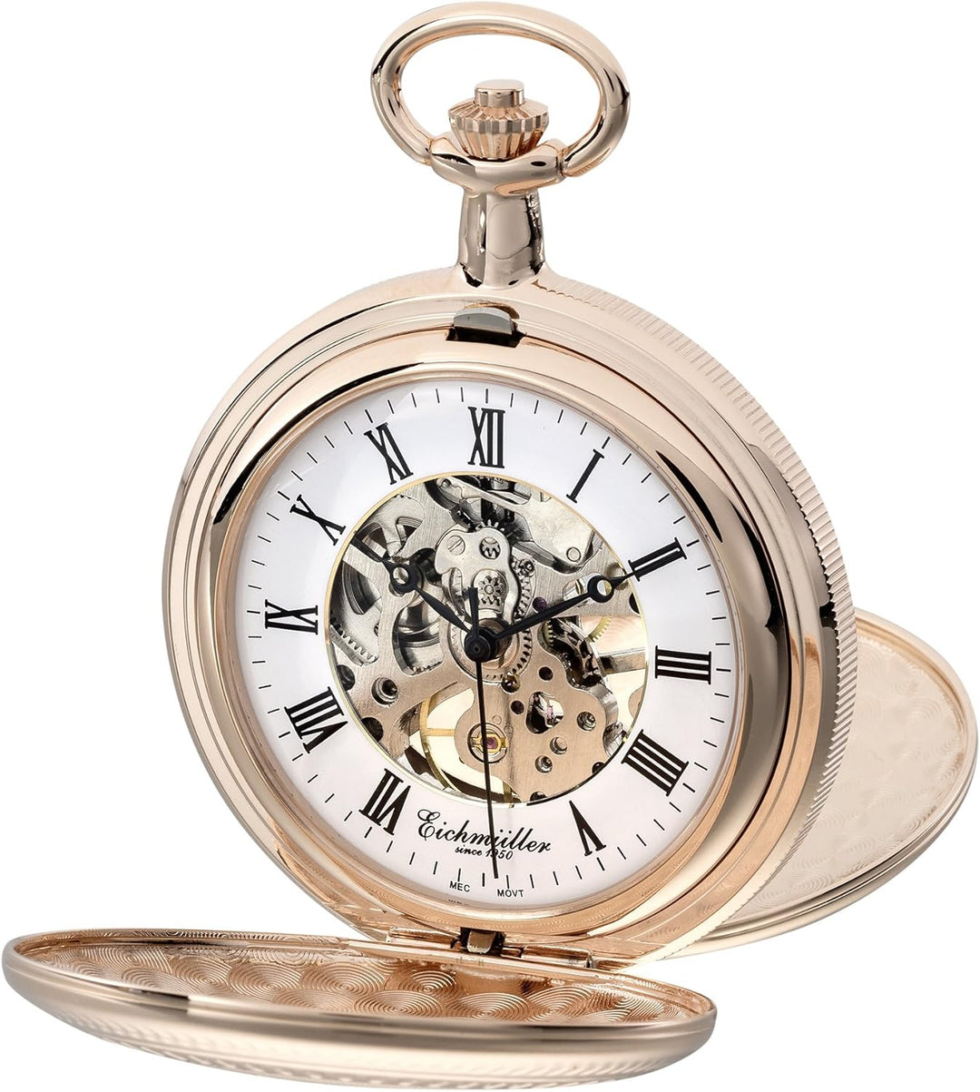 PUREgrey Taschenuhr Doppeldeckel Skelett mechanisch mit Kette und Etui Rosa