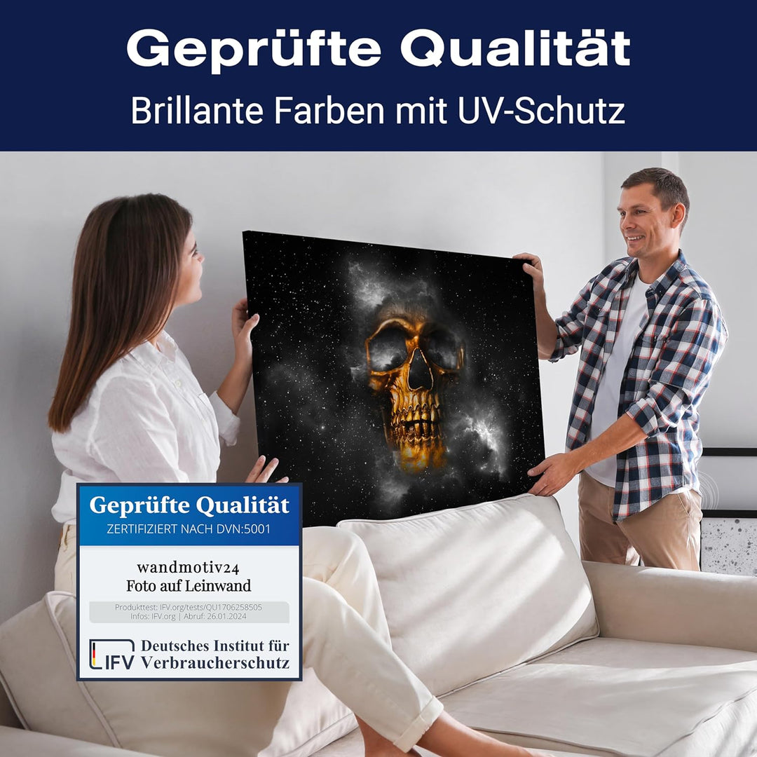 wandmotiv24 Leinwand-Bilder Totenköpfe, Grösse 60x45cm, Querformat, Totenkopf in Gold, Knochen, Welt
