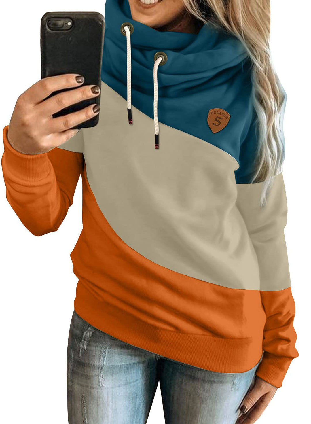 Dokotoo Damen Kapuzenpullover Stehkragen Hoodie Pullover Farbblock Sweatshirt Langarmshirt Oberteile