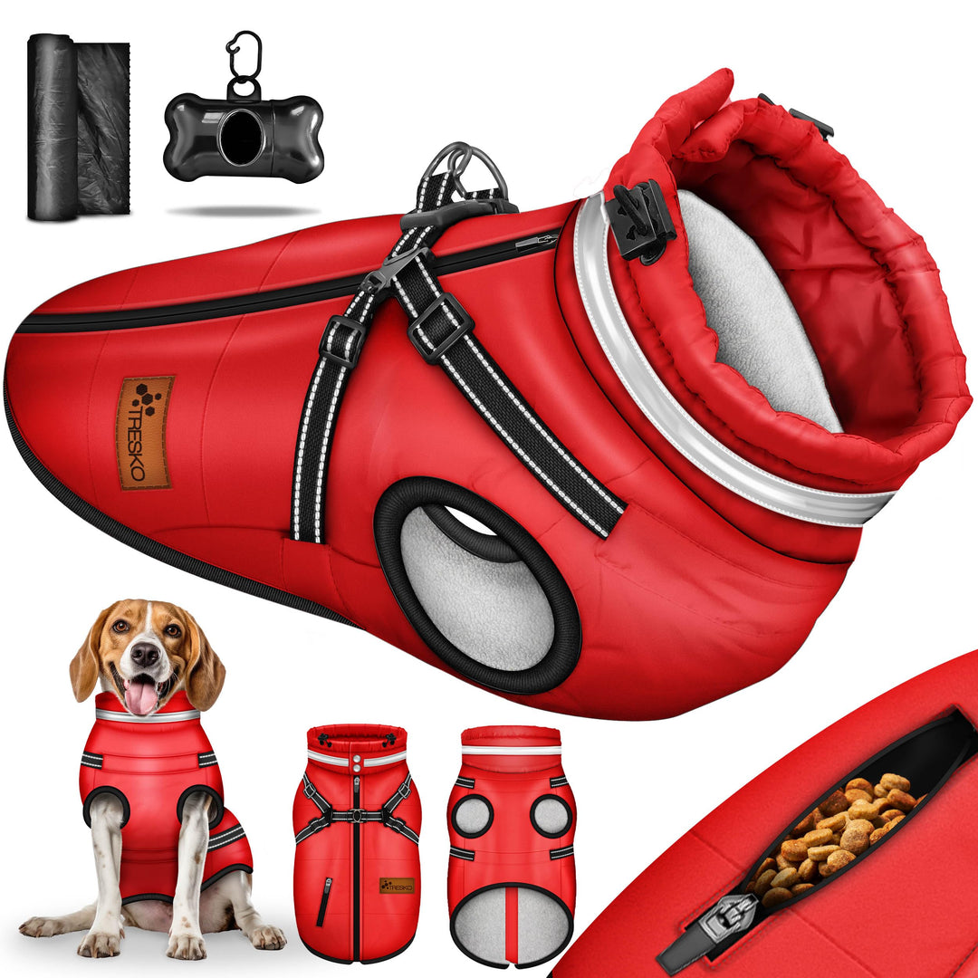 TRESKO® Hundejacke Winter mit Reflektoren inkl. 15 Stück Kotbeutel + Spender | Hunderegenmantel wass