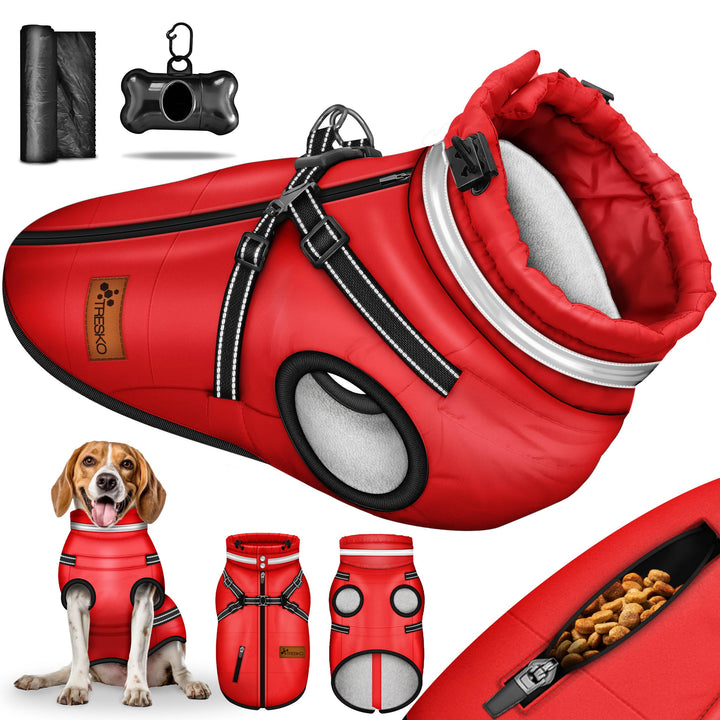 TRESKO® Hundejacke Winter mit Reflektoren inkl. 15 Stück Kotbeutel + Spender | Hunderegenmantel wass
