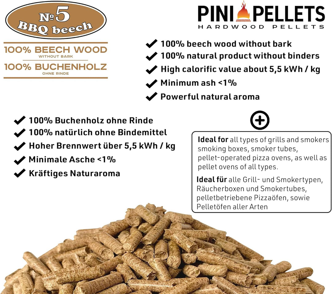 PINI Hartholz Pellets 100% Buche №5 BBQ Beech 10 Kg Grillpellets zum Grillen Räuchern Smoken