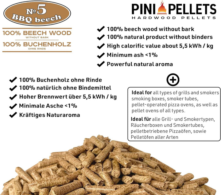 PINI Hartholz Pellets 100% Buche № 5 BBQ Beech 15 Kg Grillpellets zum Grillen Räuchern Smoken
