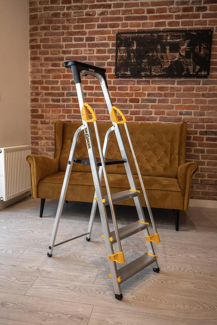 DRABEST Leiter PRO Serie Alu Klaptritt 4 Stufen Klappbare Leiter mit Sicherheits Handläufen bis 150