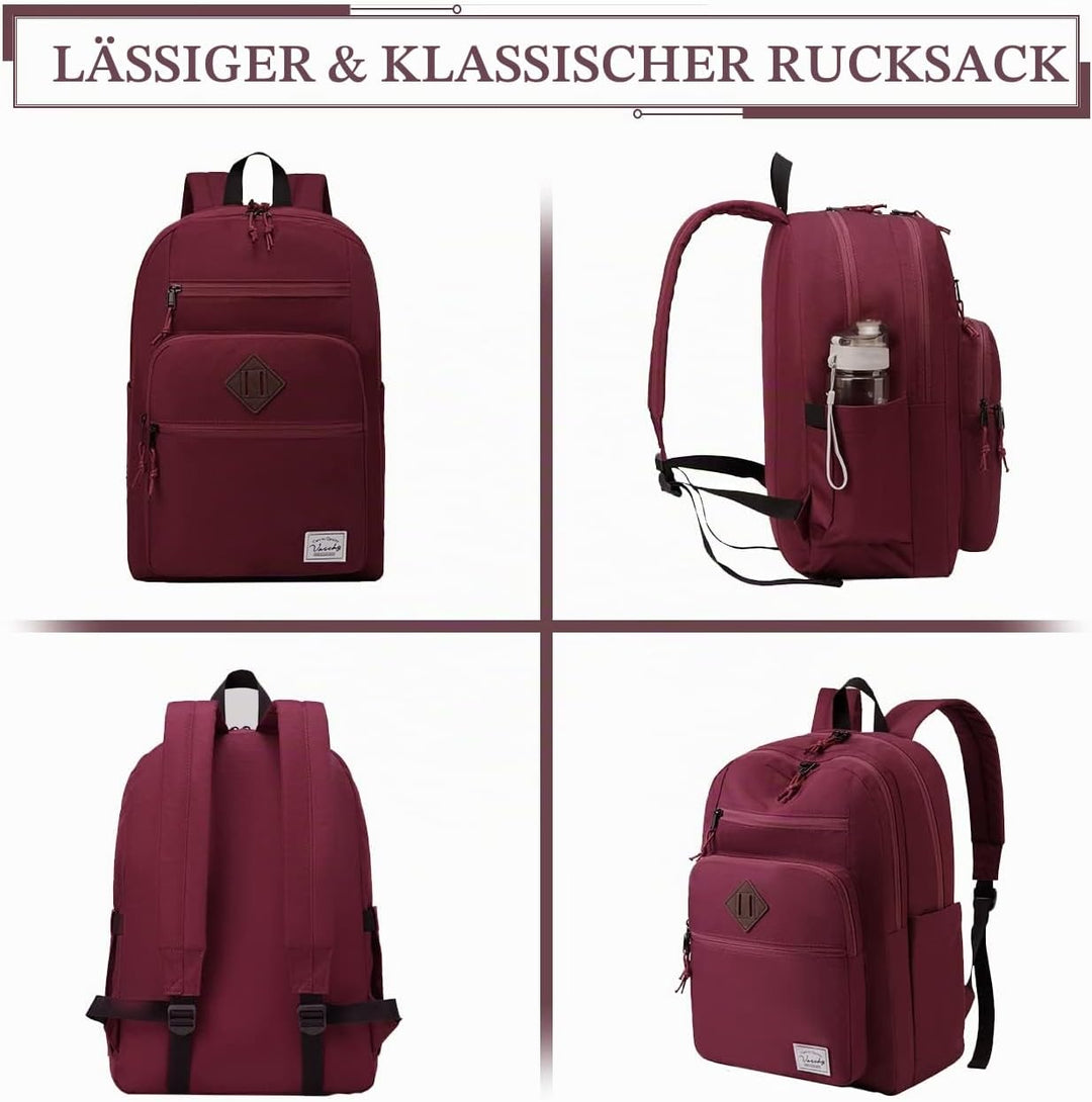 Rucksack Herren Dame, VASCHY Schulrucksack Teenager Kinder 21L Handgepäck Burgunderfarben, Burgunder