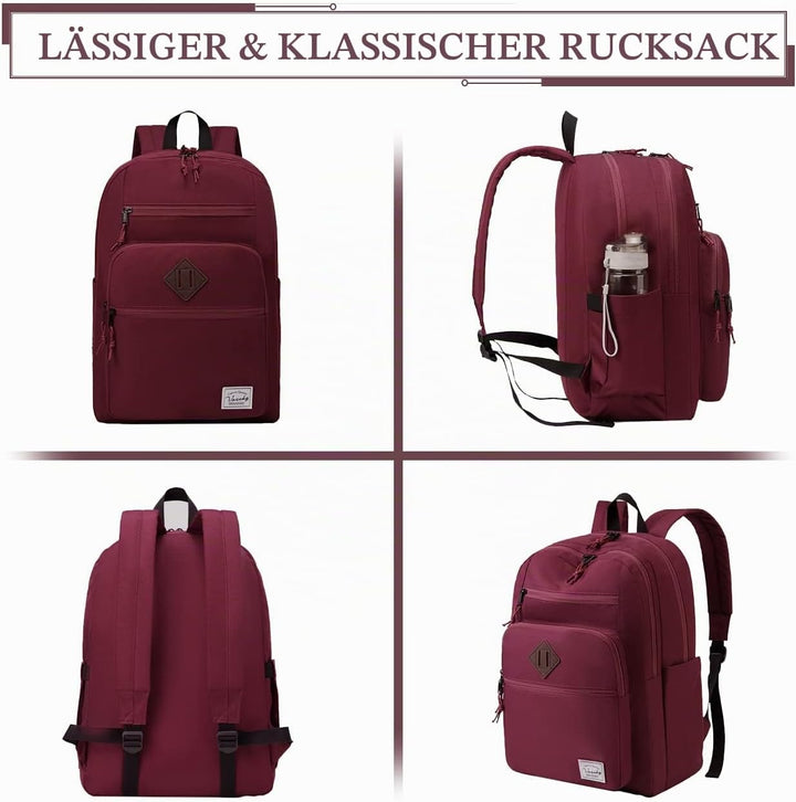 Rucksack Herren Dame, VASCHY Schulrucksack Teenager Kinder 21L Handgepäck Burgunderfarben, Burgunder