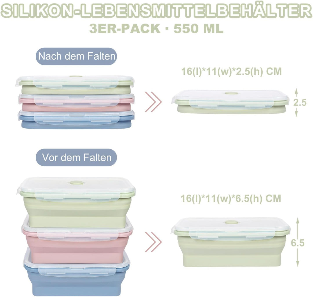 3 PACK 550ML Frischhaltedosen mit Deckel, Meal Prep Boxen, Faltbare Brotdose, Aufschnittboxen für Kü