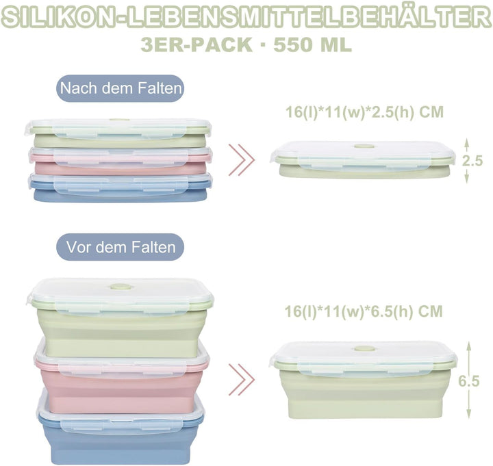 3 PACK 550ML Frischhaltedosen mit Deckel, Meal Prep Boxen, Faltbare Brotdose, Aufschnittboxen für Kü