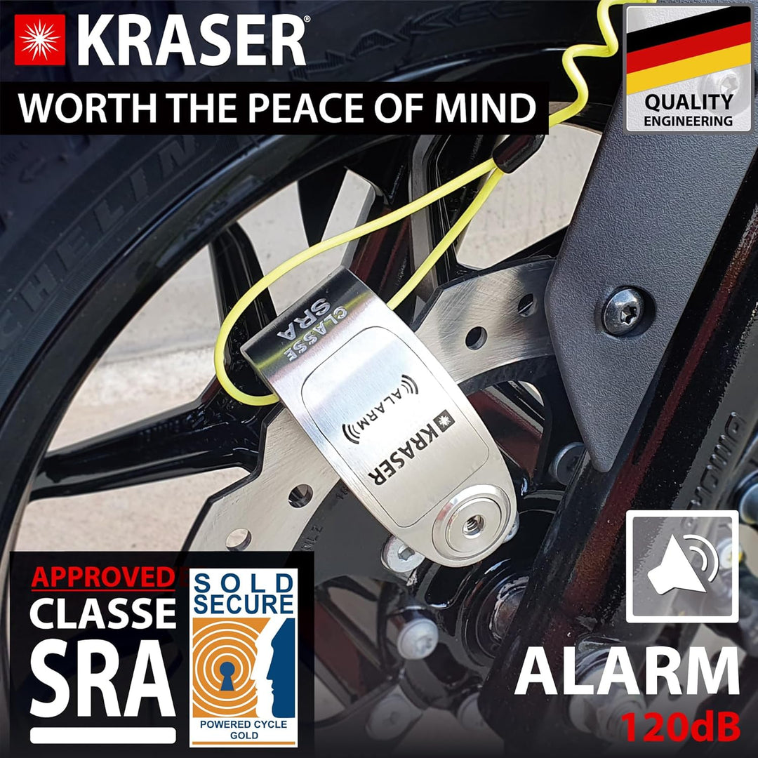 KRASER KR10S Motorrad Alarm Vorhängeschloss, 120dB Double Lock Anti-Diebstahl Bike Disc Clip mit War