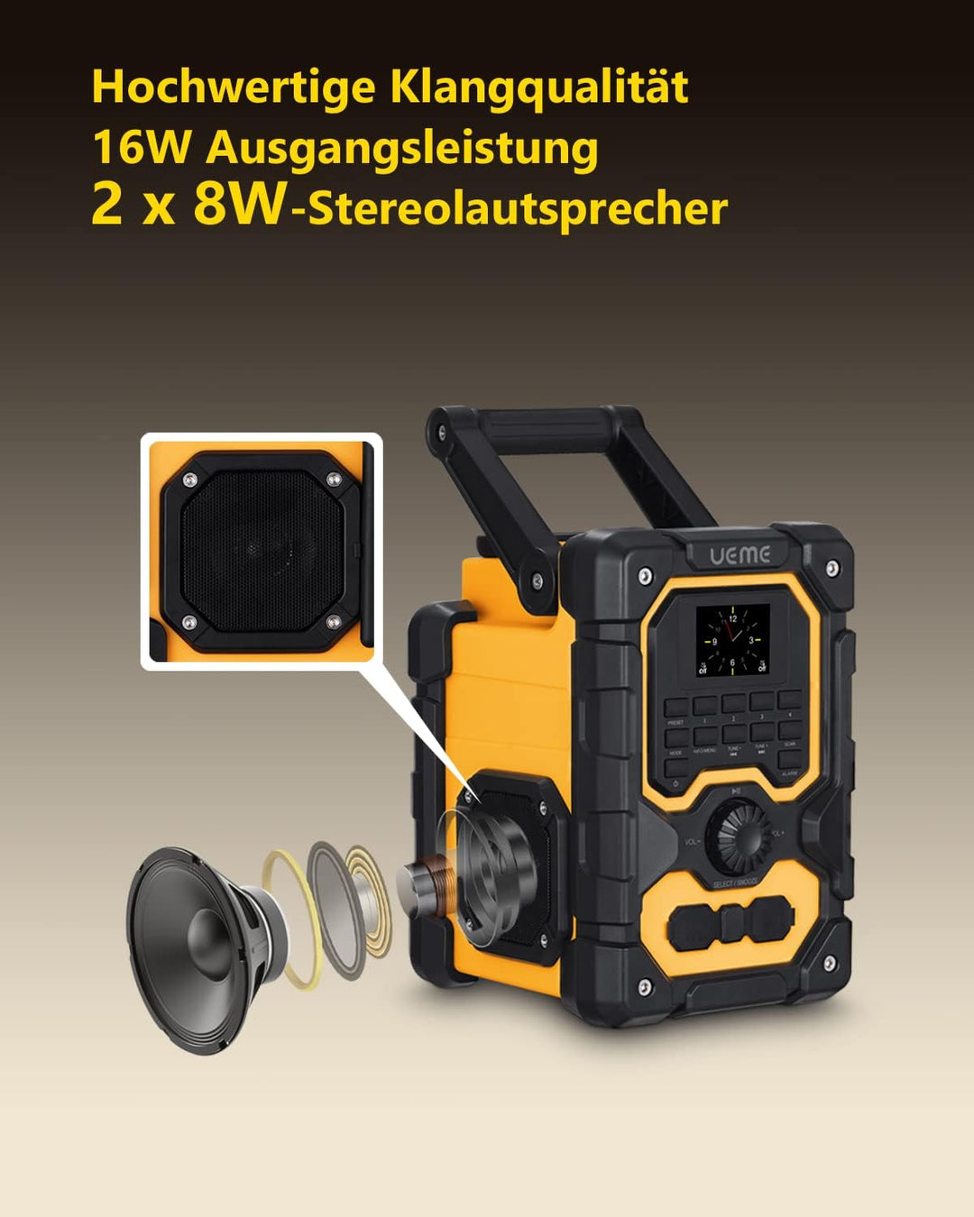 UEME Baustellenradio Robustes DAB+ FM Radio mit Bluetooth,Ladestation und Aux Anschluss DB-1005 (Gel