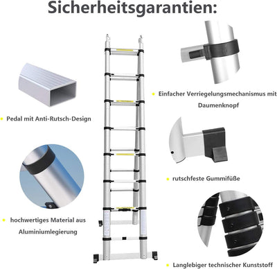 Ansobea Teleskopleiter Ausziehbare Leiter Aluminium, Rutschfester Klappleiter, Stehleiter Mehrzweckl